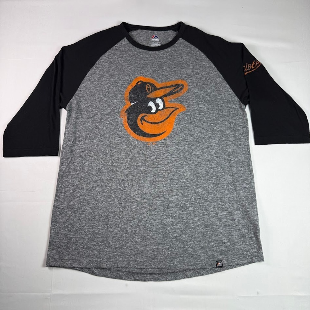 Majestic Baltimore Orioles MLB Raglan 3/4 Sleeve Shirt Mens XL Gray Black Tee